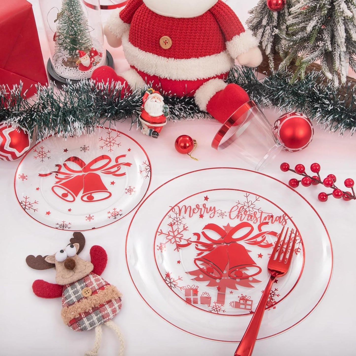 DaYammi 175Pcs Red Plastic Dinnerware Set - Clear Red Plates, Forks, Knives, Spoons, Cups and Napkins for Christmas Party