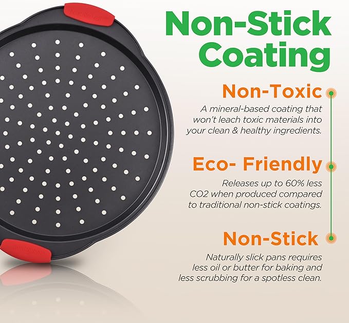 NutriChef 13-Inch Nonstick Pizza Tray Set of 20 Pcs- Carbon Steel Round Pan with Perforated Holes & Silicone Grip Handles - Dishwasher Safe Premium Bakeware