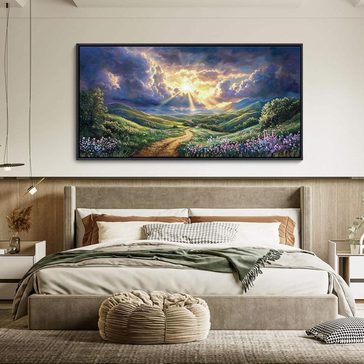HKDGOKA Large Landscape Wall Art, Green Mountains Purple Clouds Flower Scenery Canvas Pictures Paintings Framed Artwork for Living Room Bedroom Office Kitchen Home Wall Decor 29x58 IN