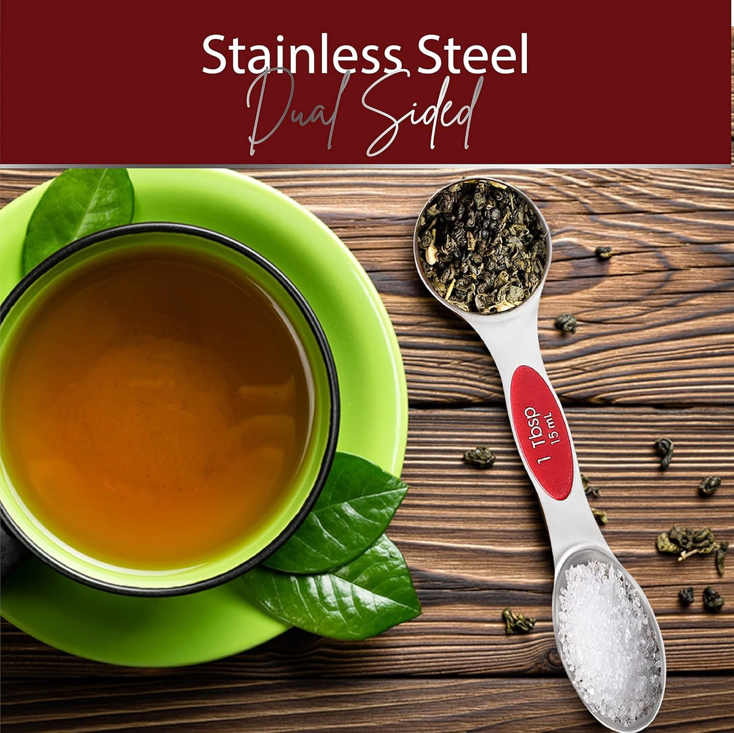 Magnetic Measuring Spoons Set of 9 Stainless Steel Dual-Sided Stackable Measuring Spoon Nesting Teaspoons Measuring Dry and Liquid Ingredients, Fits in Spice Jars Set of 9 (Red)