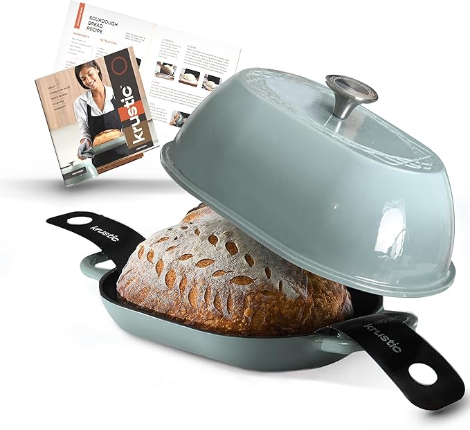 Enameled Cast Iron Dutch Oven for Professional Sourdough Bread Baking | 5.5 Quart Loaf Size Oval Cookware Pot with Lid | Triple-Layer Enamel Coating Pan with Non Stick Silicone Mat | Sea Salt