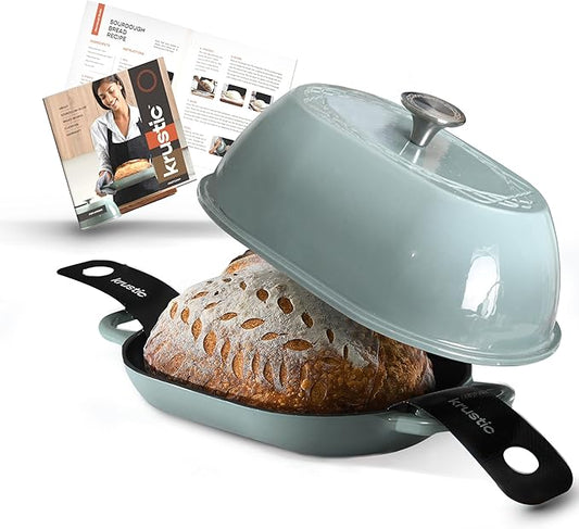 Enameled Cast Iron Dutch Oven for Professional Sourdough Bread Baking | 5.5 Quart Loaf Size Oval Cookware Pot with Lid | Triple-Layer Enamel Coating Pan with Non Stick Silicone Mat | Sea Salt