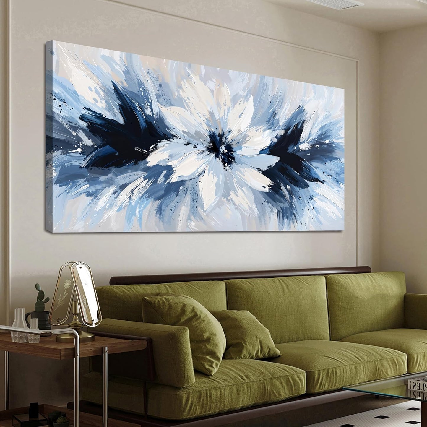 Canvas Wall Art Decor Wall Art Pictures For Living Room White Flower Wall Art Prints Modern Blue Wall Art Decorations 20" X 40" Abstract Canvas Art Wall Decor Artwork for Walls Bedroom Office Decor