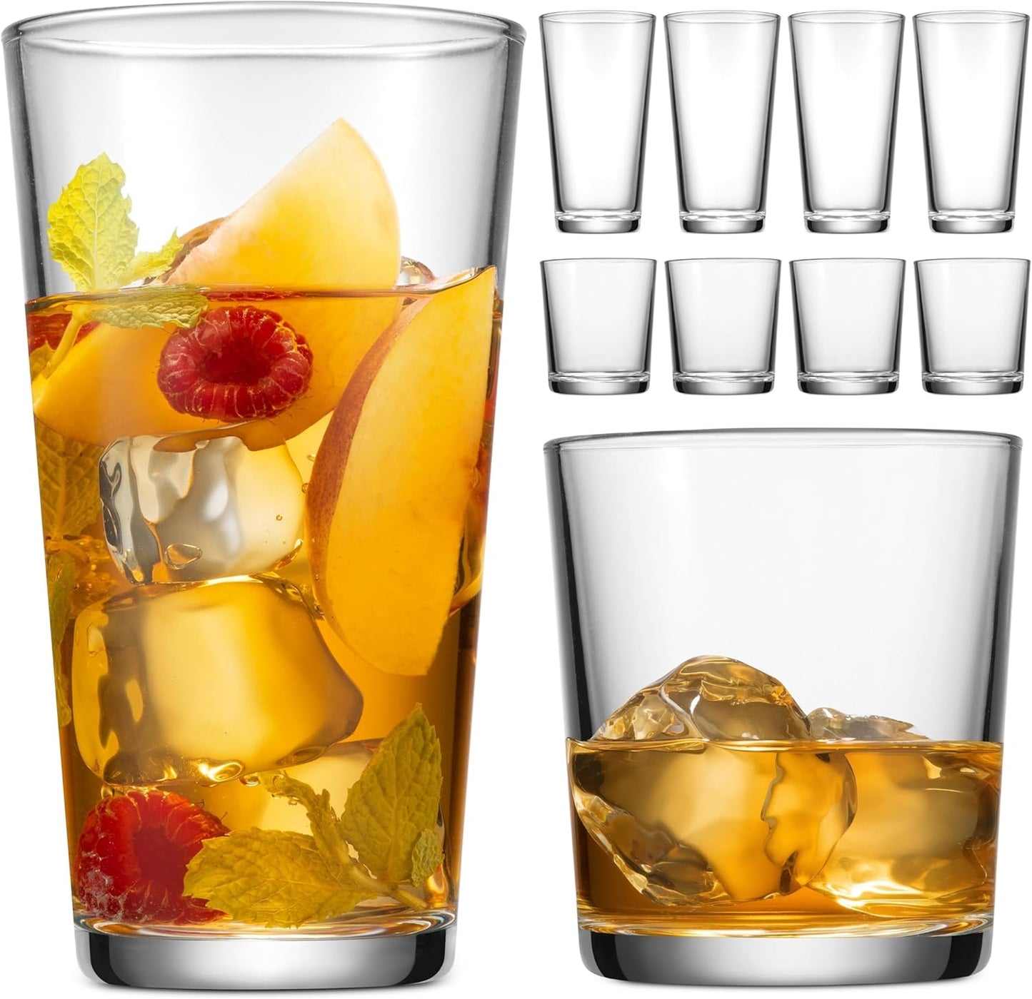 Glaver's Drinking Glasses Set of 8 Mixed Glassware Set, 4 Highballs 17 Oz., 4 Whiskey Glasses 13 Oz., Great For Cocktail Whisky and other Beverages. Dishwasher Safe.
