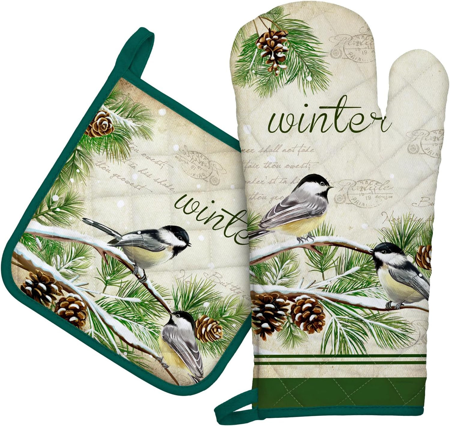 Winter Bird Leaf Oven Mitts and Pot Holders Sets 2Pcs, 100% Cotton Heat Resistant, Extra Long Oven Gloves Potholder for Kitchen Cooking Baking Decoration