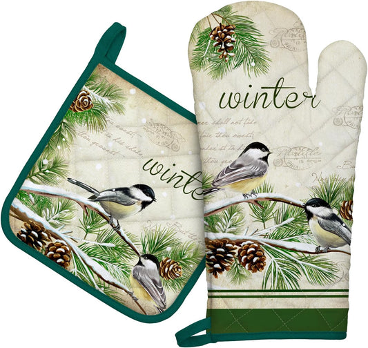 Winter Bird Leaf Oven Mitts and Pot Holders Sets 2Pcs, 100% Cotton Heat Resistant, Extra Long Oven Gloves Potholder for Kitchen Cooking Baking Decoration