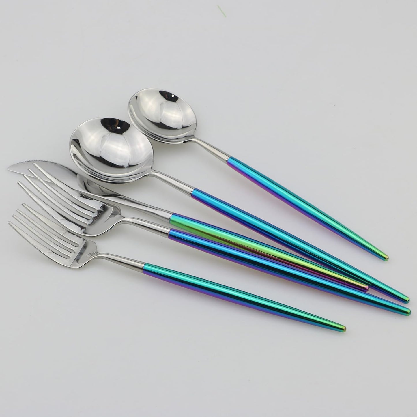 5-Piece Coloful Rainbow Handle Silver Flatware Set, Mirror 18/10 Stainless Steel, Service for 1