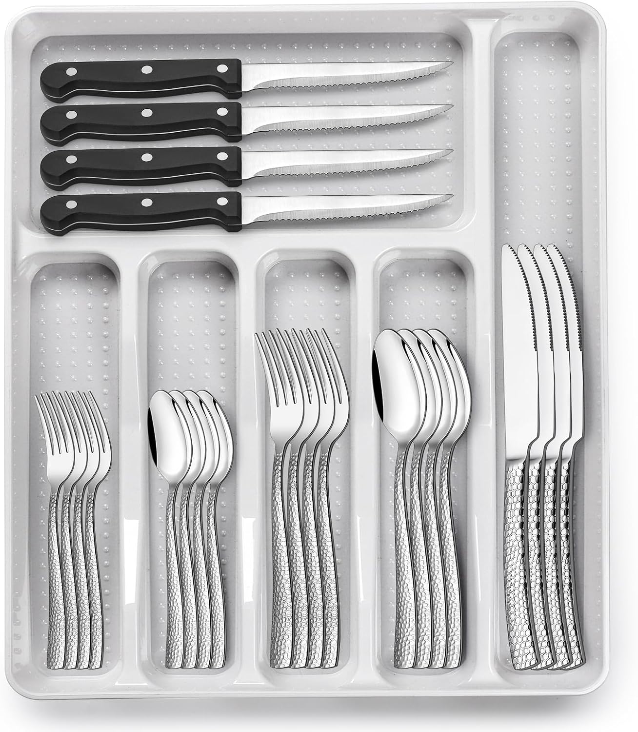 49-Piece Hammered Silverware Set with Organizer, Heavy Duty Stainless Steel Wave Flatware for 8, Cutlery Utensil Sets with Steak Knives, Rust-proof, Mirror Polished, Dishwasher Safe