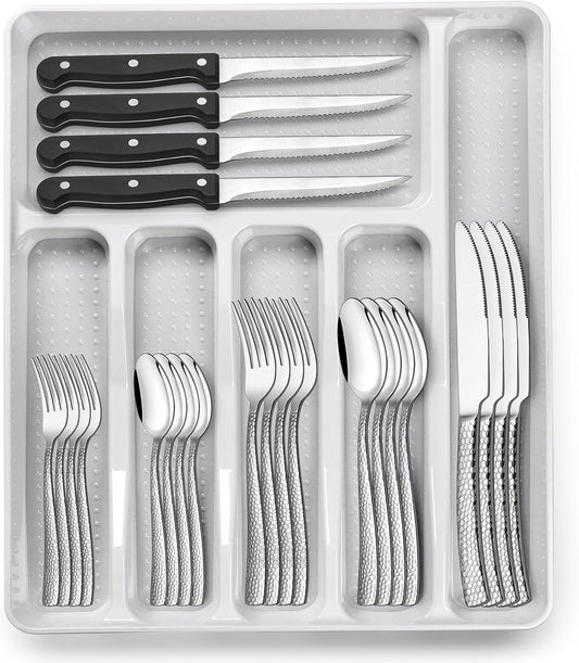 49-Piece Hammered Silverware Set with Organizer, Heavy Duty Stainless Steel Wave Flatware for 8, Cutlery Utensil Sets with Steak Knives, Rust-proof, Mirror Polished, Dishwasher Safe