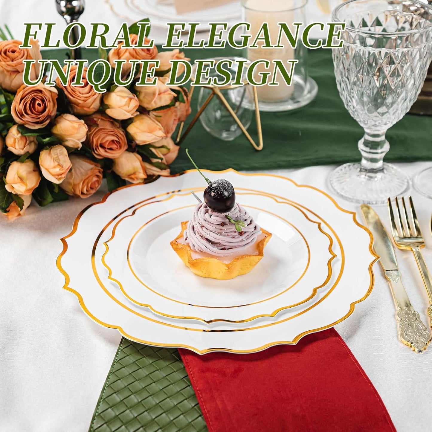 120PCS White Plastic Plates, Disposable Party Plates with Gold Rim, Heavy Duty 60 Dinner and 60 Dessert Fancy Plate for Party and Wedding