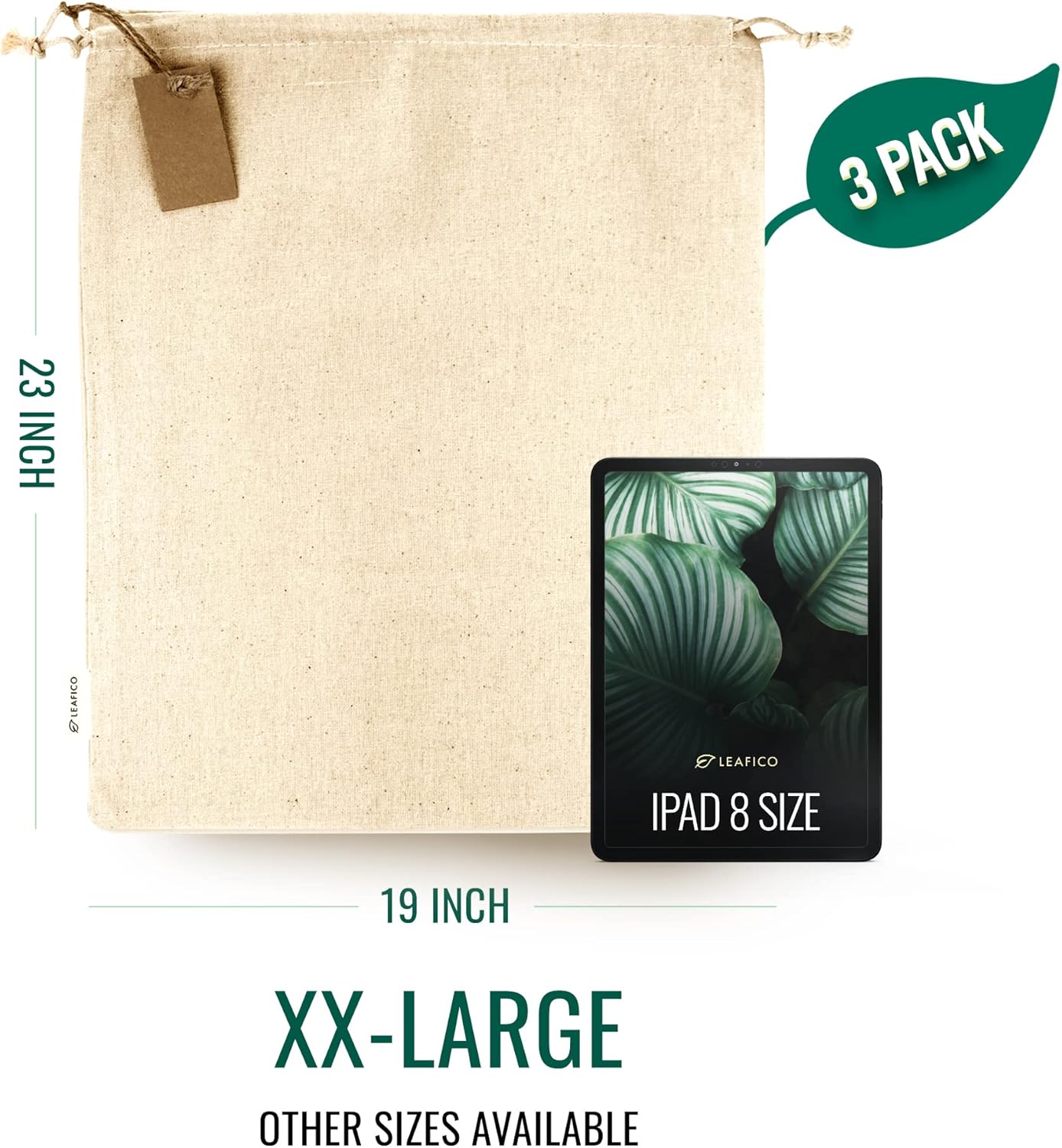 LEAFICO Reusable Produce Storage Bags - XX-Large 19x23 3 Pack - Breathable Muslin Fabric Sacks with Drawstrings – Dust-Proof Travel Cotton Bags for Laundry, Clothes, Purses