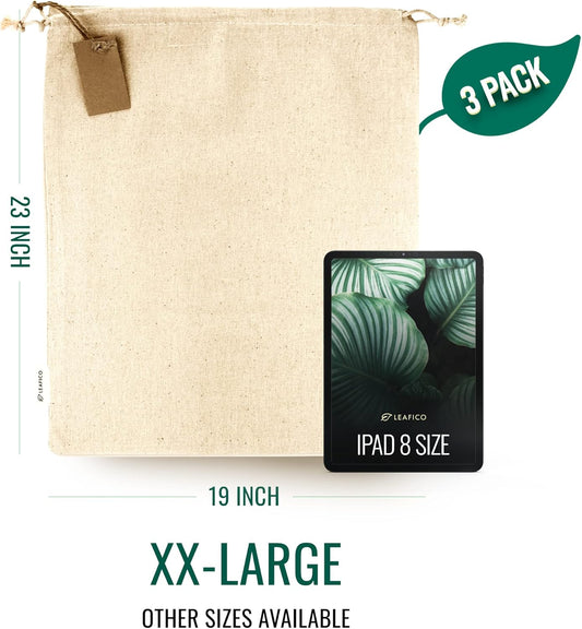 LEAFICO Reusable Produce Storage Bags - XX-Large 19x23 3 Pack - Breathable Muslin Fabric Sacks with Drawstrings – Dust-Proof Travel Cotton Bags for Laundry, Clothes, Purses