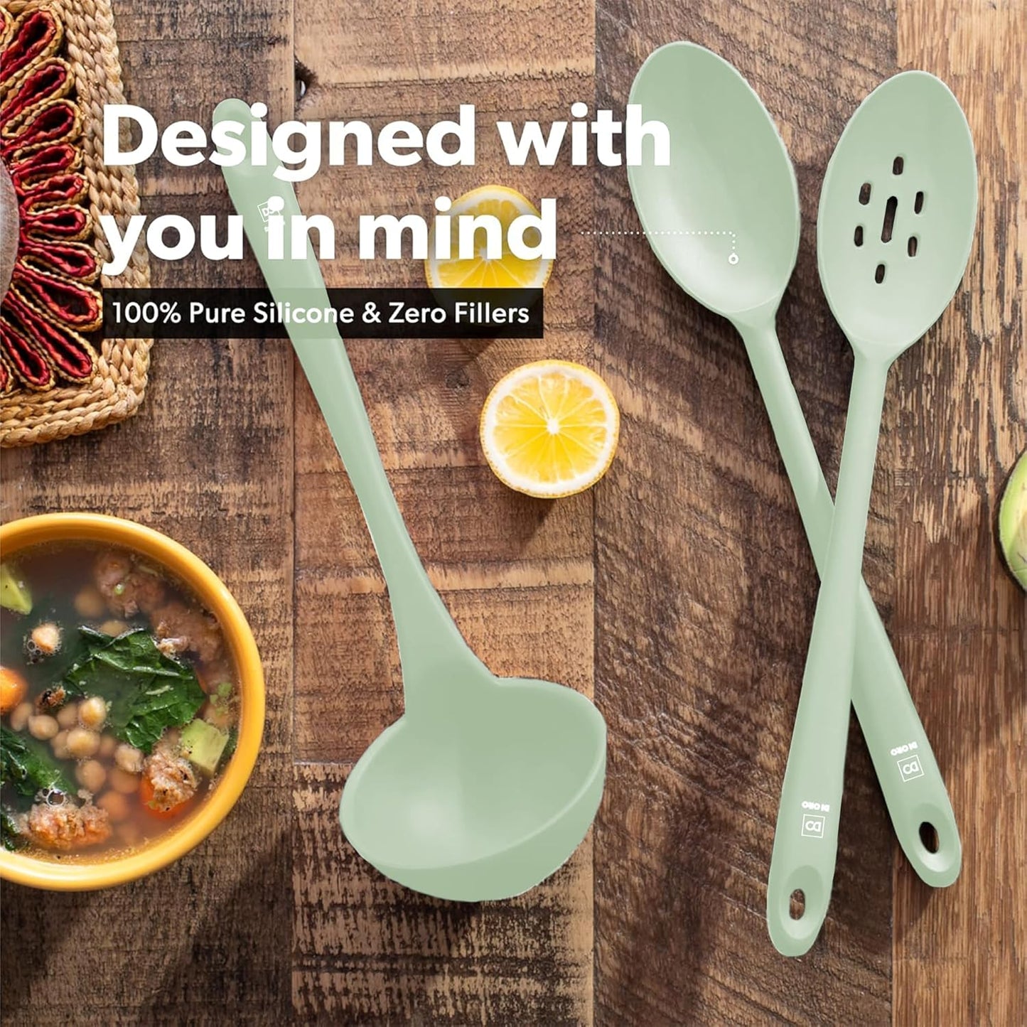 DI ORO Silicone Ladle & Spoons for Cooking – Large Kitchen Spoons for Mixing, Serving, & Stirring - Soup Ladle with Wide Bowl - High Heat Silicone Kitchen Utensils for Nonstick Cookware Safe (Sage)