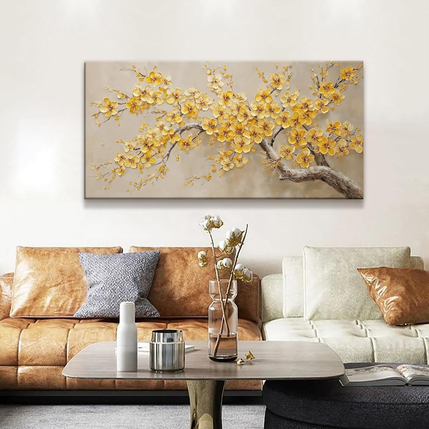 Modern Tree Of Life Wall Art Canvas Prints Ready To Hang Home Wall Decor Golden Yellow Flowers Wall Art Decorations For Living Room Kitchen Bedroom Office Decor 24x48 Inch