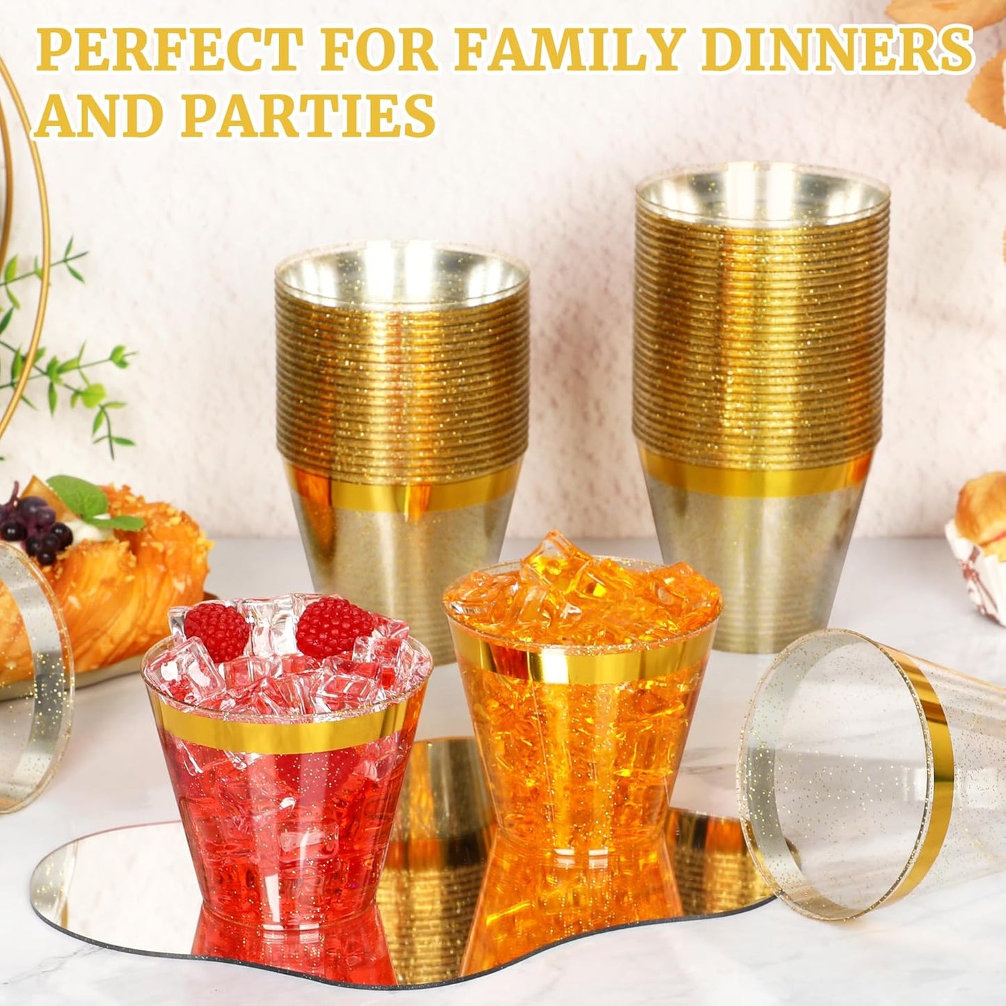 100 Pcs 9oz Glitter Gold Plastic Cups,9Oz Gold Rimmed Plastic Cups With Glitter Golden,Heavy Duty Clear Disposable Plasitc Cocktail Tumblers Wine Cup for Party,Wedding,Birthday,Christmas