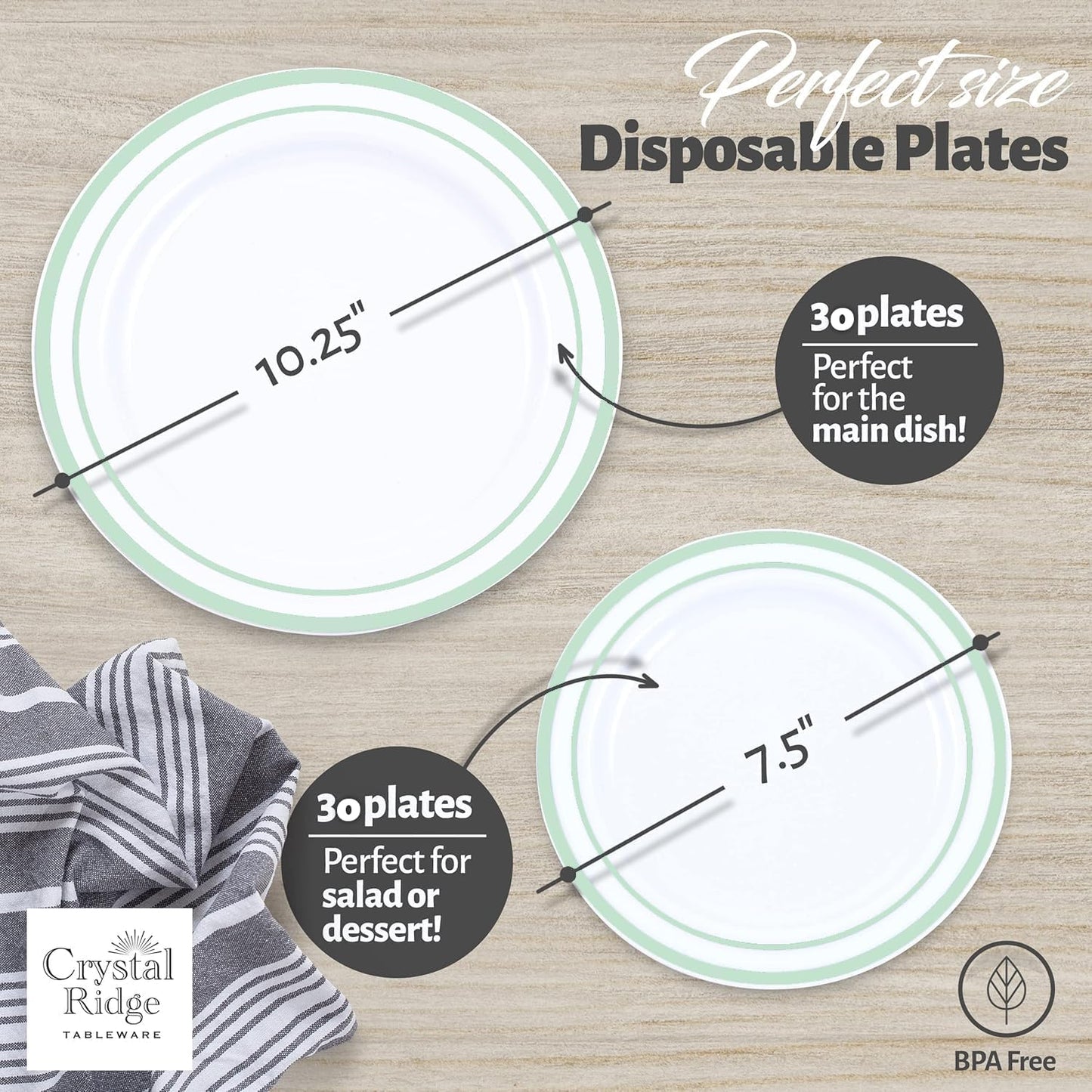 60 Pieces White Plastic Disposable Plates - Premium Heavy-Duty 30 Dinner Plates & 30 Salad Plates with Mint Green Rim Ideal for Party, Birthday and Special Events