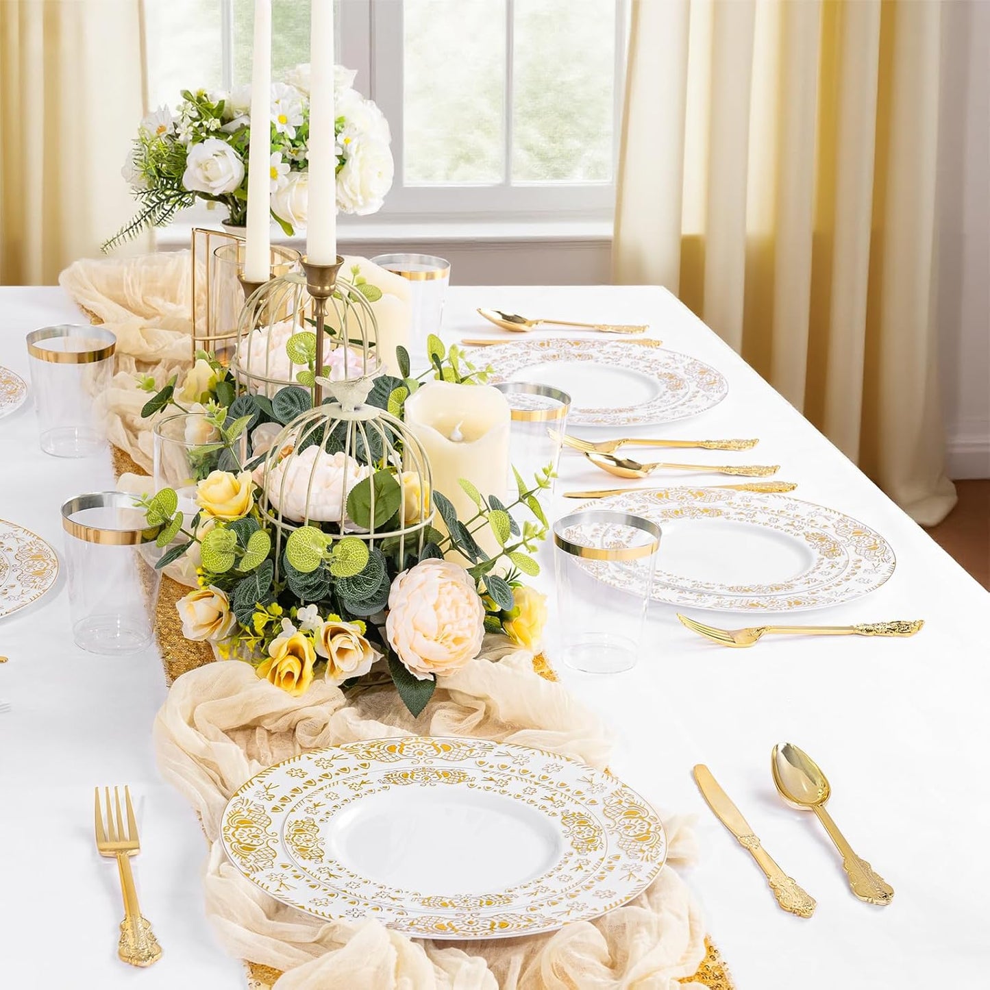 GATHER 350PCS White and Gold Plastic Plates - Gold Disposable Dinnerware Set Include 50 Dinner Plates, 50 Dessert Plates, 150 Gold Plastic Silverware, 50 Napkins, 50 Cups for Wedding & Thanksgiving