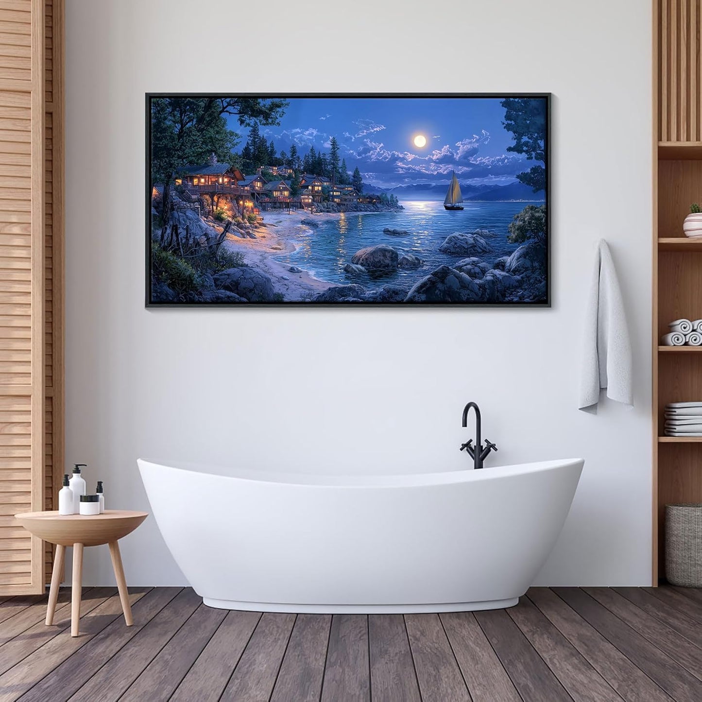 CHATYOUNG Beach Framed Wall Art - Large 24x48 IN Dark Blue Ocean Town Calm Moon Night Scenery Pictures Canvas Print Coastal Wall Paintings for Bedroom Living Room Kitchen Home Office Decor