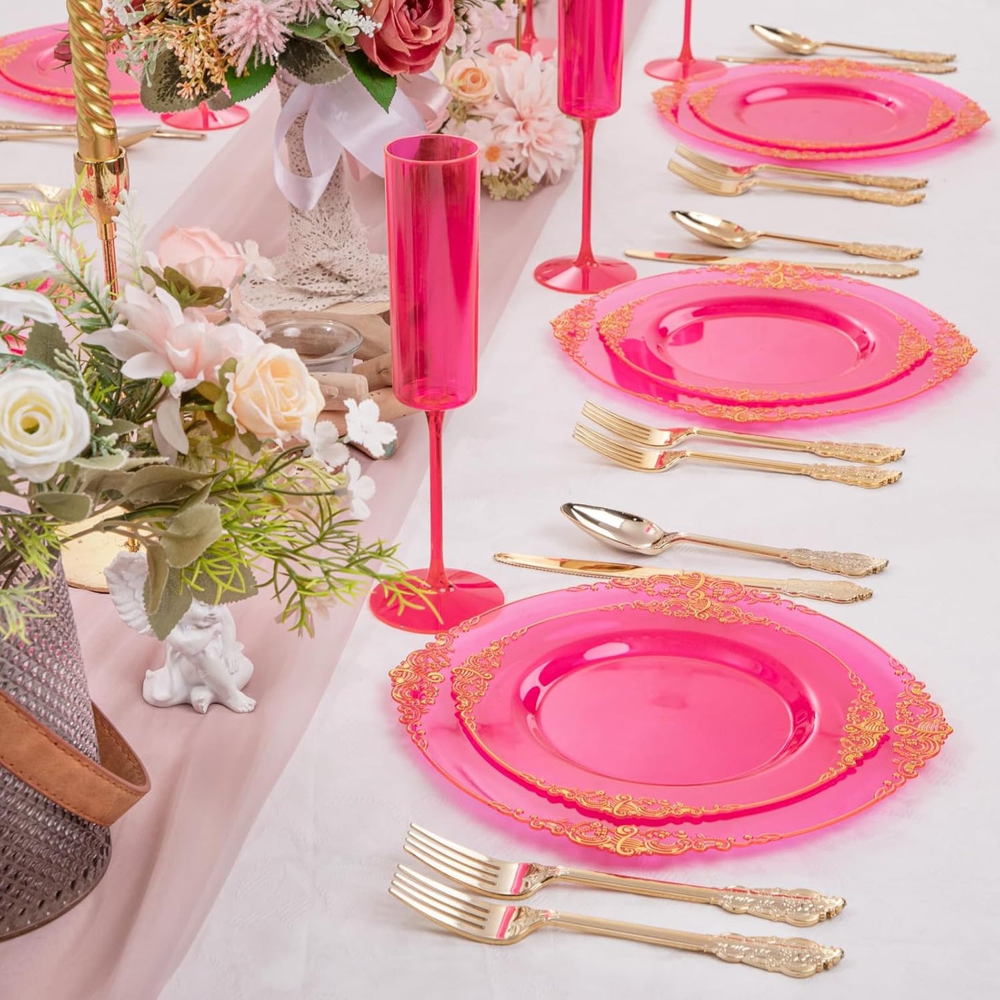 102PCS Clear Hot Pink Plastic Plates - Pink Disposable Plate with Gold Rim - Hot Pink Party Plates Include 51PCS 7.5inch Dessert & 10.25inch Dinner Plate for Wedding Birthday Party