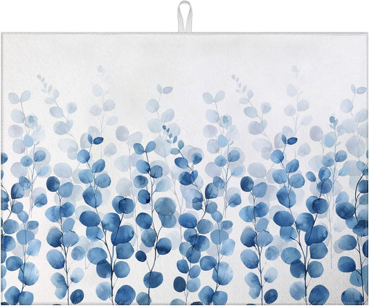 Blue Eucalyptus Leaves Dish Drying Mat for Kitchen Counter Drying Pad Absorbent Reversible Dish Drainer Rack Mats Draining Pad 18"x24"Inch