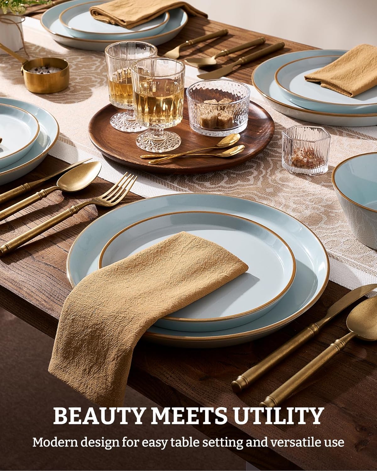 Famiware Saturn Dinnerware Sets, Plates and Bowls Sets for 4, 12 Pieces Stoneware Dish Set - Chip and Scratch Resistant, Microwave and Dishwasher Safe Tableware Set, Light Blue with Rim