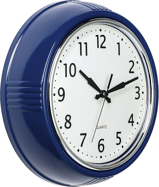 Bernhard Products Retro Wall Clock 9.5 Inch Navy Blue Kitchen 50's Vintage Design Round Silent Non Ticking Quality Quartz Battery Operated Easy to Read Decorative Clocks for Home Office Living Room