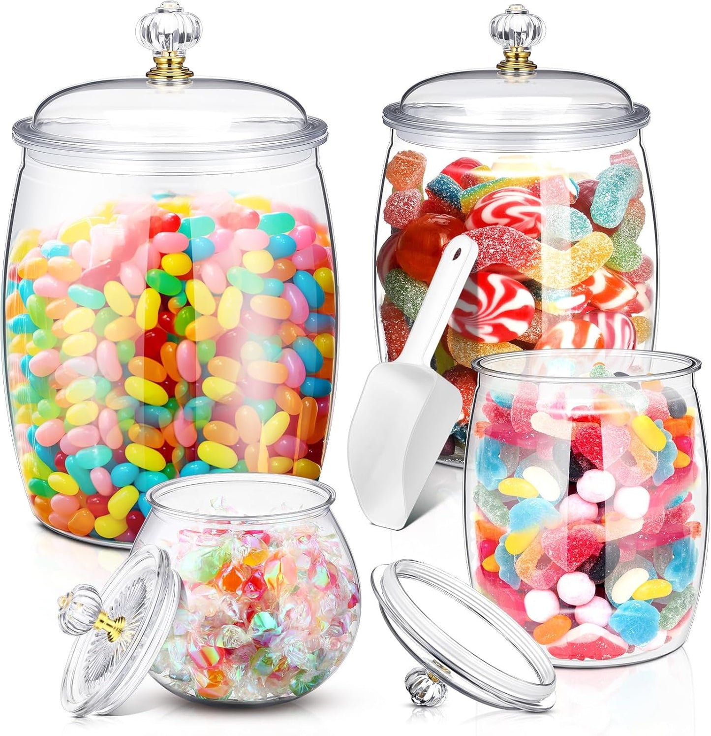 Nuogo 4 Pcs Plastic Candy and Cookie Jars with Lids Clear Cookie Container Candy Jars Large Airtight Apothecary Storage Organization for Wedding Home Kitchen Bar(30/42/64/128 oz)