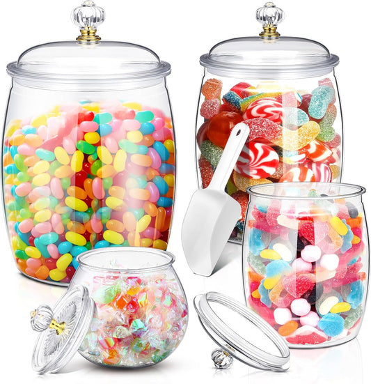 Nuogo 4 Pcs Plastic Candy and Cookie Jars with Lids Clear Cookie Container Candy Jars Large Airtight Apothecary Storage Organization for Wedding Home Kitchen Bar(30/42/64/128 oz)