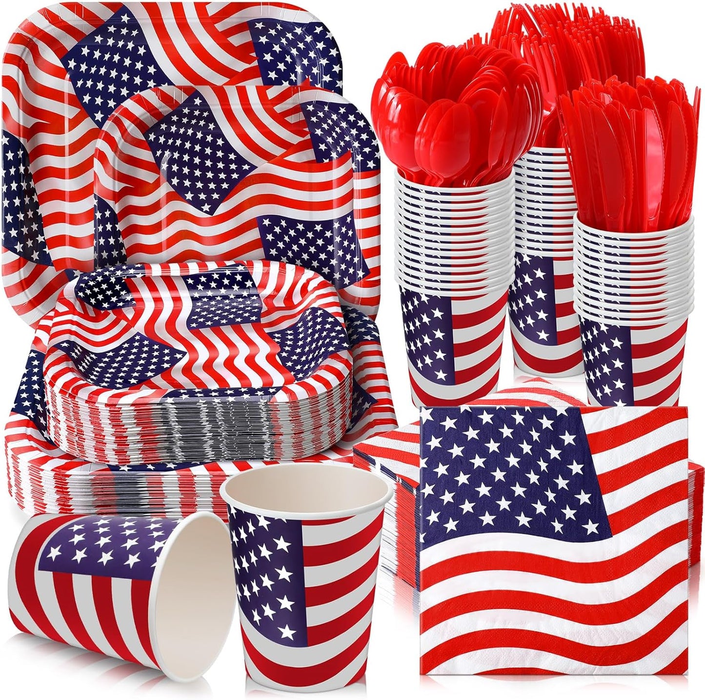 350 Pcs Paper Plates and Napkins Set Disposable Dinnerware Party Supplies Tableware Serve 50 Guest Cups Knife Forks Spoon(Blue,Red,Patriotic)