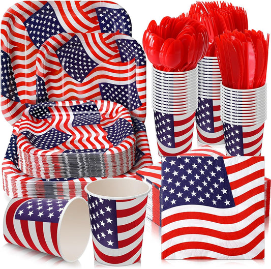 350 Pcs Paper Plates and Napkins Set Disposable Dinnerware Party Supplies Tableware Serve 50 Guest Cups Knife Forks Spoon(Blue,Red,Patriotic)