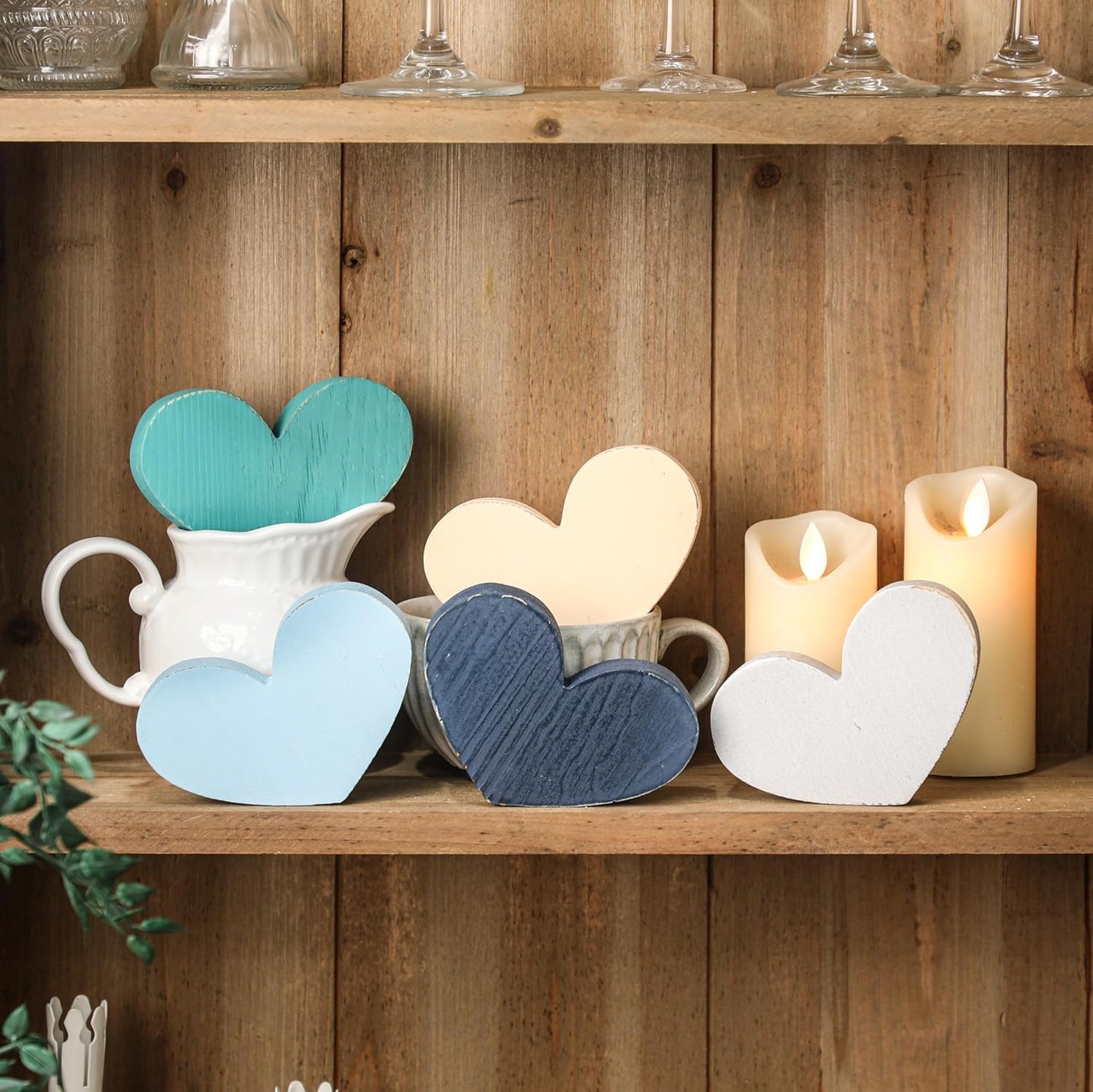 5Pcs Wood Winter Heart Christmas Tiered Tray Decor Centerpieces for Table Winter Blue Farmhouse Rustic Kitchen Decoration for Home Kitchen Valentine Heart