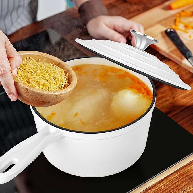 Enameled Cast Iron Sauce Pan with Lid, Leonyo 2 Quart Saucepan with Lid, Heavy Duty Cast Iron Pot Dutch Oven Kitchen Cookware for All Cooktops Making Pasta, Milk, Egg- Up to 500°F & 6.7Lbs, White