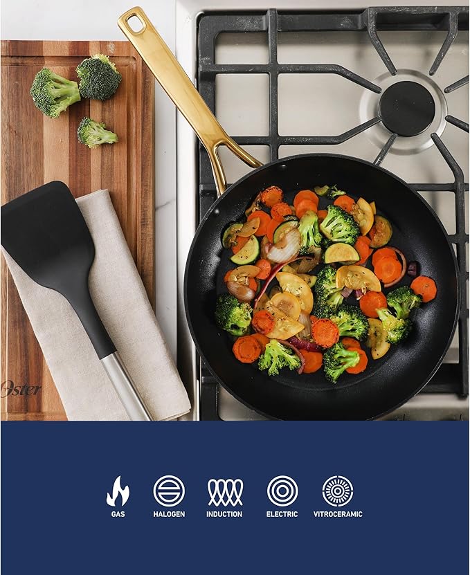 Oster Platinum Abbotsford 11-Inch Nonstick Skillet Fry Pan – Matte Black Stripe Cookware with Gold Handle, Dishwasher Safe, Modern Kitchen Essentials
