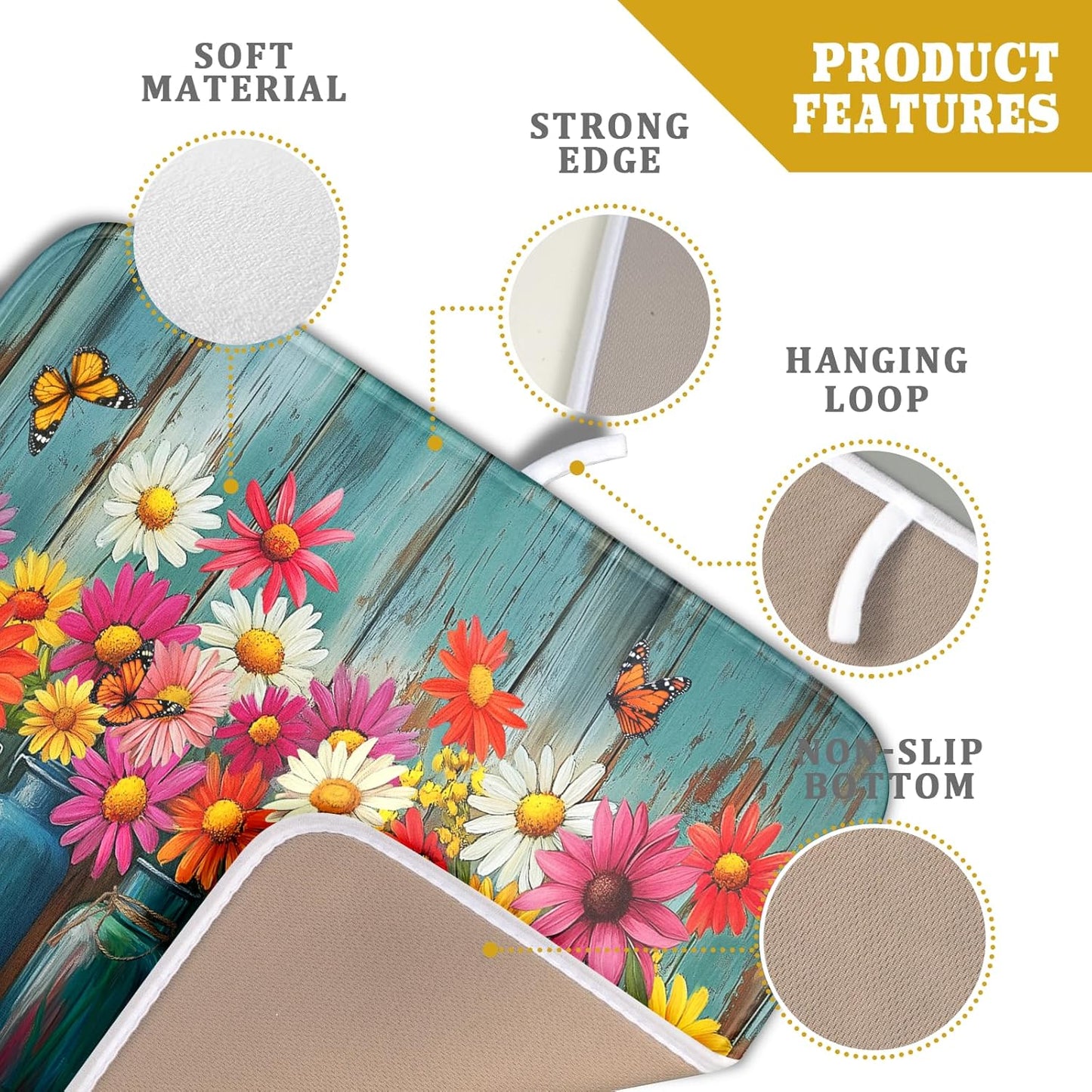 Botanical Flowers Dish Drying Mats 16x18 Inch,Colorful Daisy Mason Jar on Wood Plank Microfiber Quick-Dry Drainer Rack Absorbent Pad for Farmhouse Kitchen Countertop Sink Decor