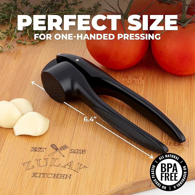 Zulay Kitchen Large Premium Garlic Press Set – Rust Proof & Dishwasher Safe, Bigger Bowl Garlic Mincer Tool with Silicone Garlic Peeler & Brush, Easy Squeeze & Clean, Ergonomic Handle - Black