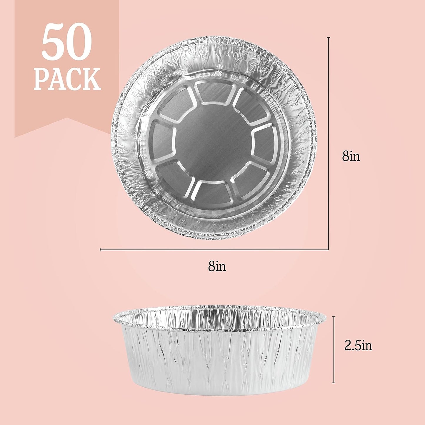 PLASTICPRO 8'' Inch Round Tin Foil Pans Disposable Aluminum, Deep Freezer & Oven Safe - For Baking, Cooking, Storage, Roasting, & Reheating, Pack of 50