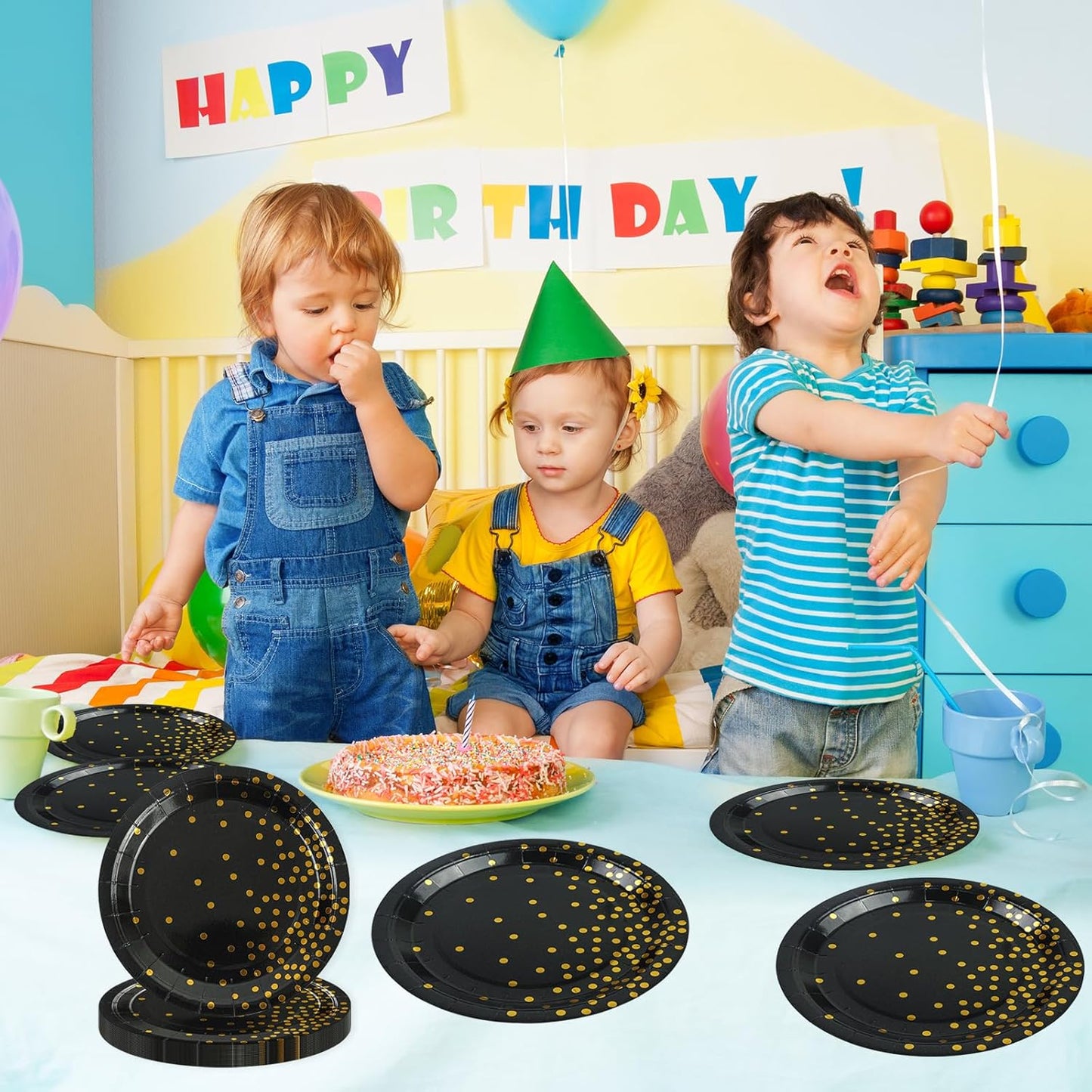 90PCS Black and Gold Paper Plates and Napkins Set, Disposable Gold Dot Party Plates with Napkins Forks Dessert Dinnerware Party Supplies for Wedding, Graduation, Festivals