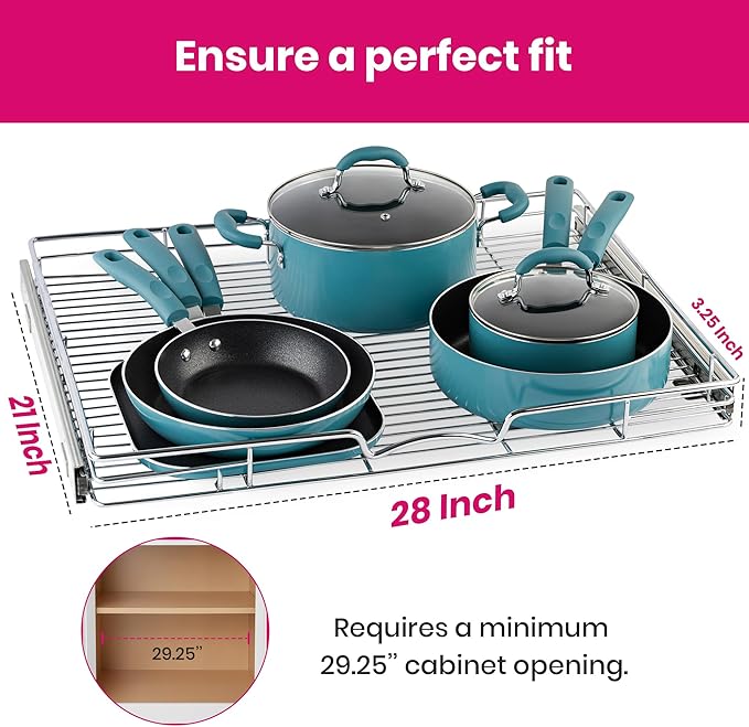 HOLDN’ STORAGE Pull Out Cabinet Organizer, Heavy Duty Caddy w/Lifetime Limited Warranty - 28”W x 21”D - Requires At Least 29-1/4” Cabinet Opening, Steel Metal Cabinet Drawers Slide Out, Chrome