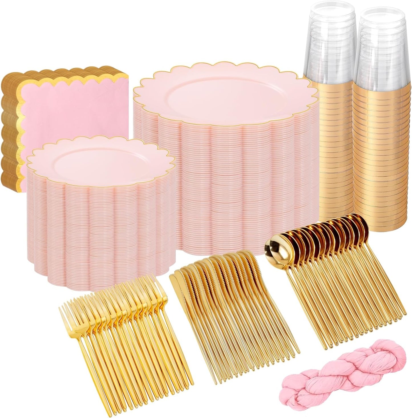 WONDERFUL 351pcs Pink Plastic Plates - Luxury Party Plates and Cups and Napkins Sets Includes 100 Disposable Plate 150 Heavy Duty Silverware 50 Cups 50 Wedding Napkins 1 Table Runner for Wedding Party