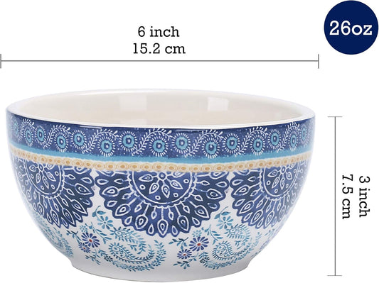 Bico Blue Talavera Cereal Bowls Set of 4, 26 oz Deep Ceramic Soup Bowls for Cereal, Salad, Noodles, Kitchen, Microwave and Dishwasher Safe, Gift for Housewarming and Thanksgiving