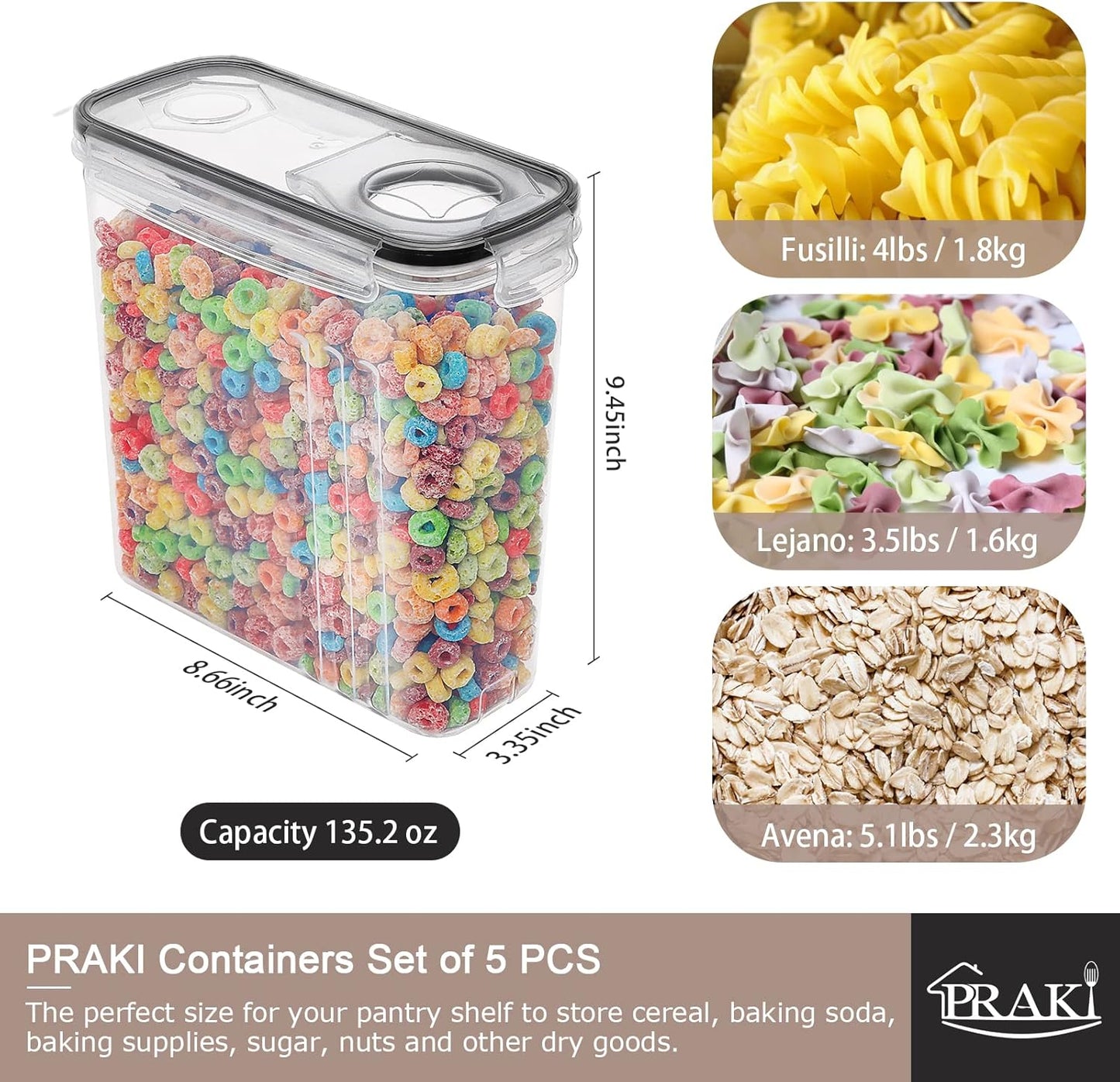 PRAKI 5PCS Cereal Containers Storage Set, BPA Free Airtight Food Storage Container Set with Lids, Kitchen Pantry Organization and Storage for Sugar, Baking Supplies with 20 Labels & Mark(4L Black)