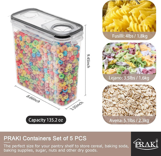 PRAKI 5PCS Cereal Containers Storage Set, BPA Free Airtight Food Storage Container Set with Lids, Kitchen Pantry Organization and Storage for Sugar, Baking Supplies with 20 Labels & Mark(4L Black)