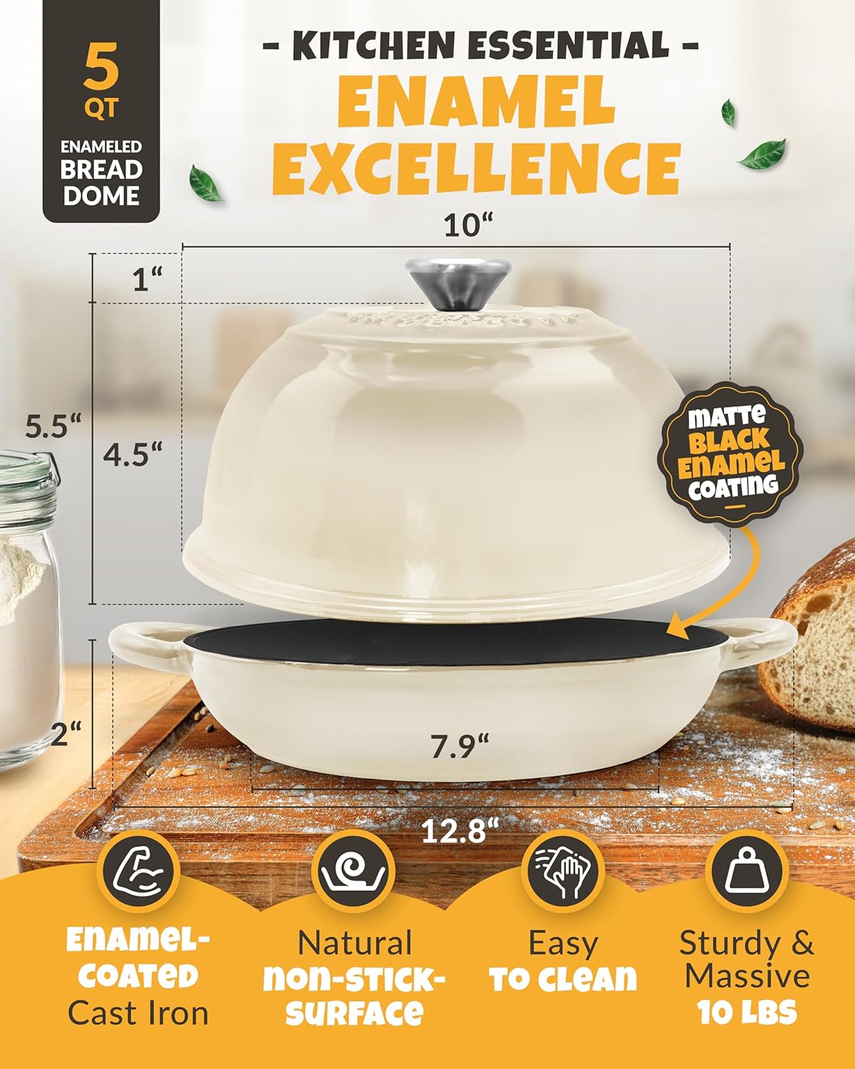 Dutch Oven Bread Baking - 5QT Enamel Bread-Oven - incl Sourdough Bread-Baking Suppliers like Dough Whisk Scoring Lame etc Bread-Dome Cast Iron Bread-Pan with Lid for Sour dough, Bread-making