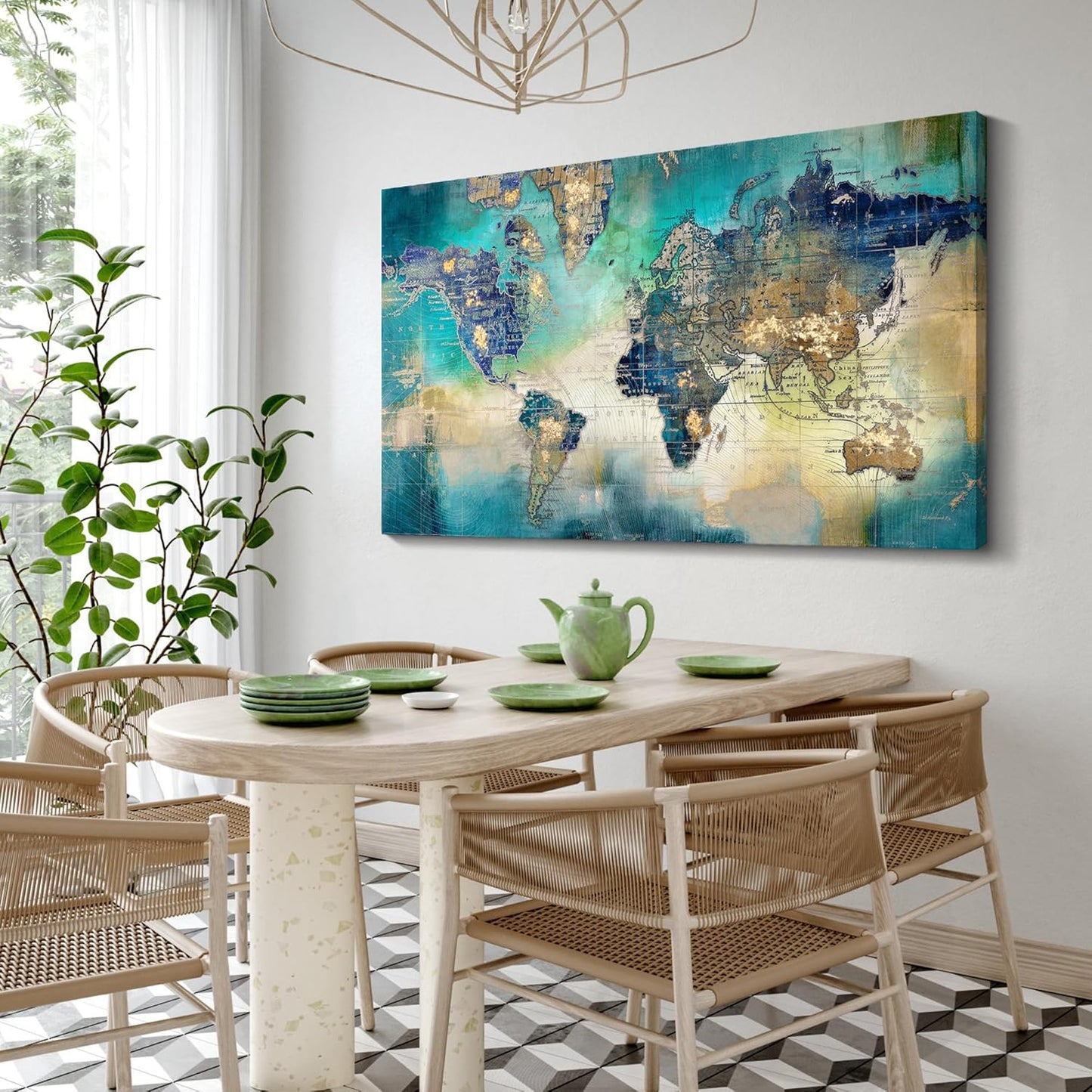 Large World Map Canvas Prints Wall Art for Living Room Office "24x48" Green World Map Picture Artwork Decor for Home Decoration