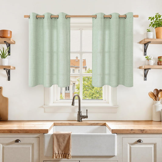 YoungsTex Sage Green Linen Semi Sheer Curtains 36 Inch Length for Kitchen Cafe Windows, Small Drapes with Bronze Grommet Light Filtering for Bathroom, 42 x 36 Inch, 2 Panels