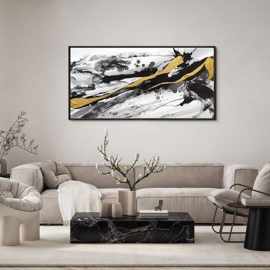 XLSJERST Black and White Abstract Wall Art - Large Frame Canvas Wall Art for Living Room Bedroom Modern Gold Ink Painting Style Picture Artwork for Wall Decor Size 20x40 Inches