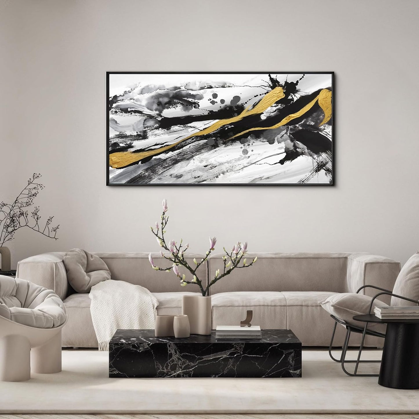 XLSJERST Black and White Abstract Wall Art - Large Frame Canvas Wall Art for Living Room Bedroom Modern Gold Ink Painting Style Picture Artwork for Wall Decor Size 24x48 Inches