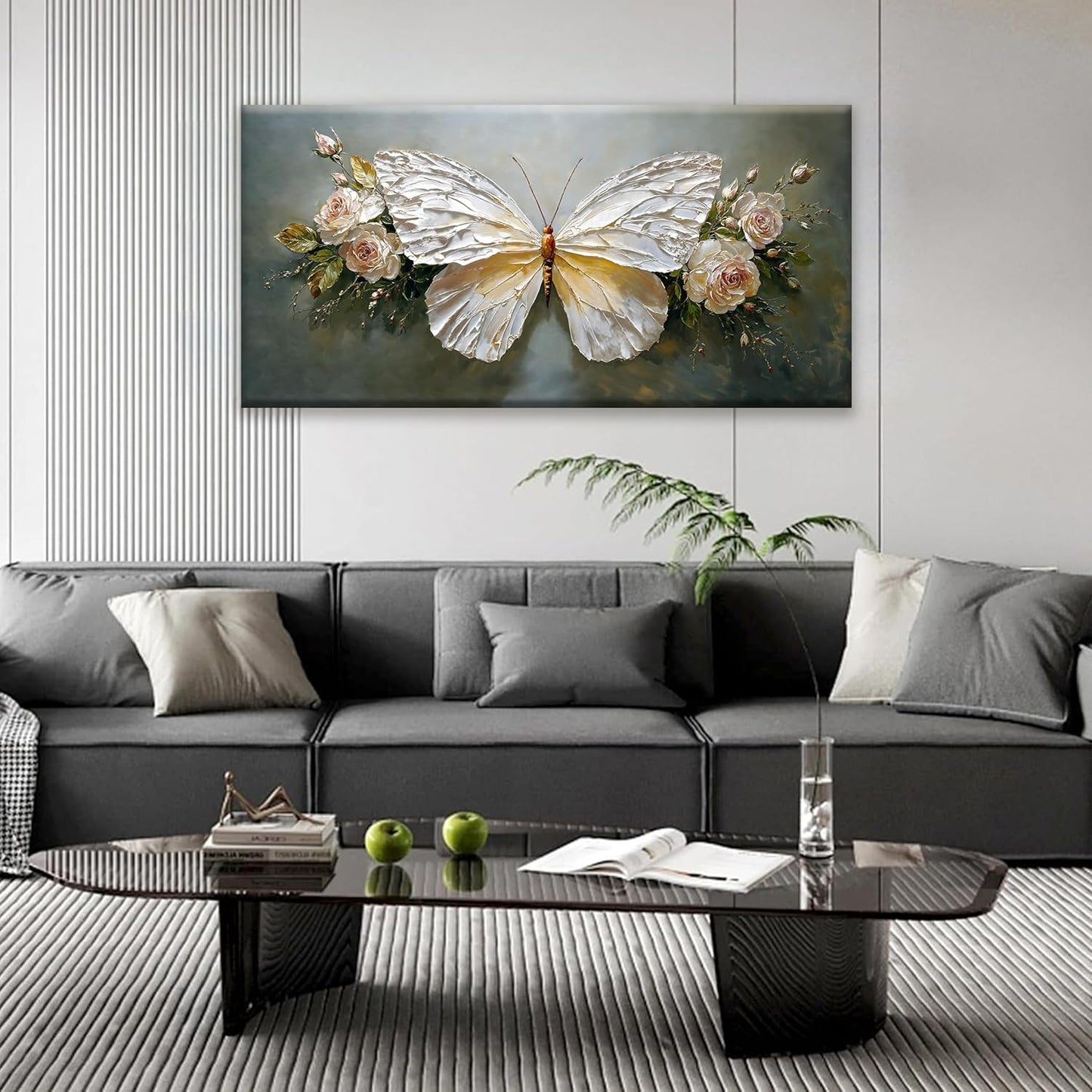 Modern Abstract Wall Art White Simple Butterfly And Rose Wall Art Decor Canvas Art Wall Decor For Bedroom Living Room Kitchen Bathroom Office 24x48 Inch Home Wall Decor