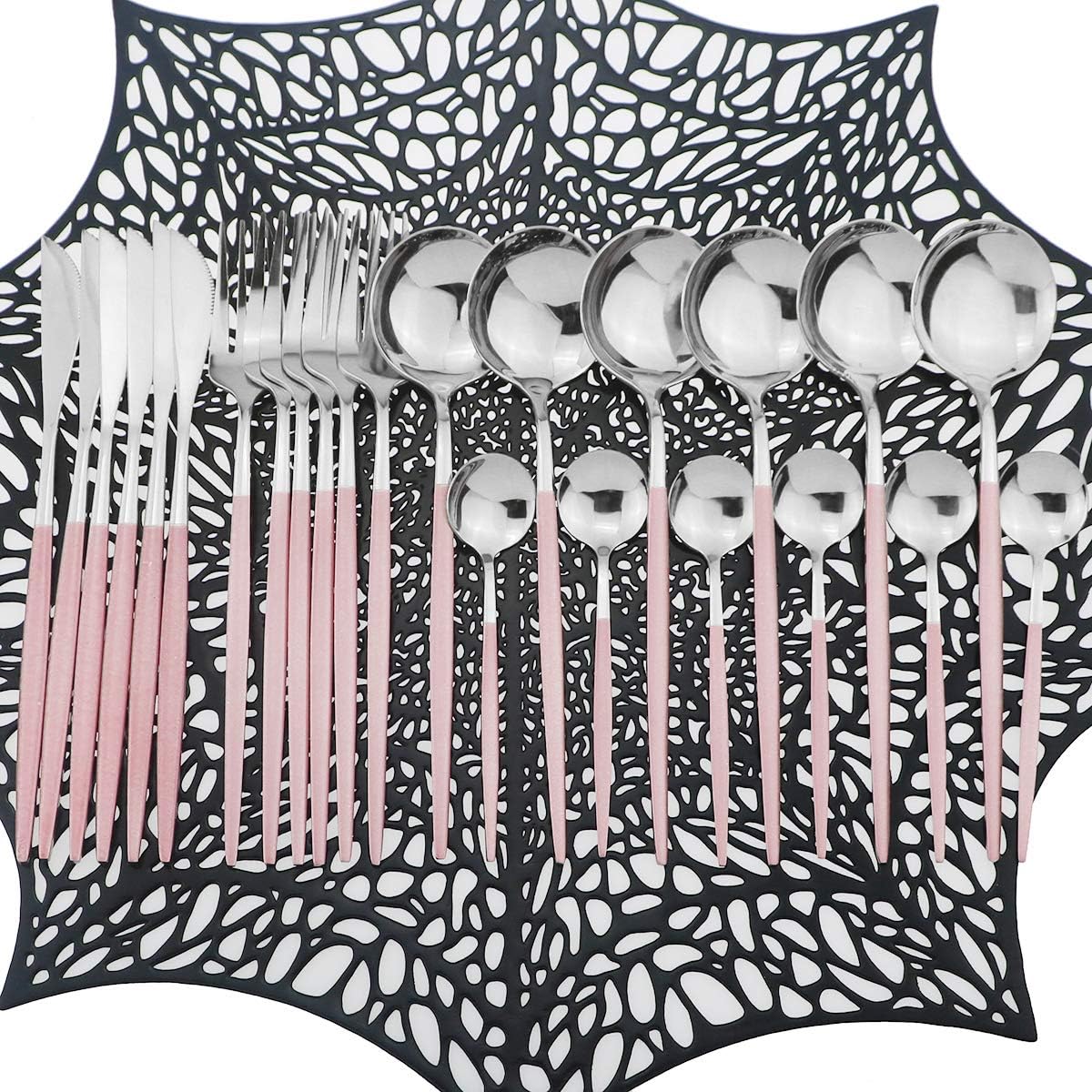 Mirror Silverware Set, 24-Piece Stainless Steel Shiny Flatware, Kitchen Utensil Set, Tableware Cutlery for Home and Restaurant, Dishwasher Safe (Pink Handle)