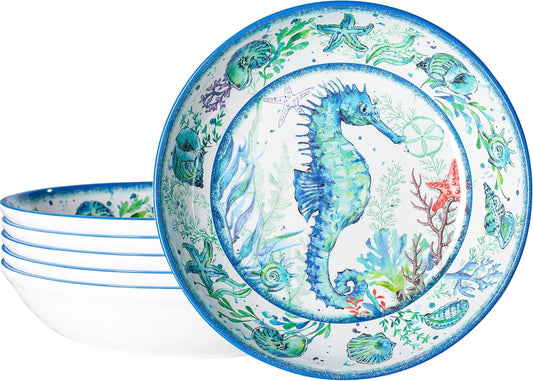 LEHAHA Melamine Pasta Bowls, Set of 6 9.25 inches 42 OZ Large Salad Serving Bowls, Coastal Melamine Dinner Deep Plates, Lightweight Soup/Cereal/Noodle Bowls set, Dishwasher Safe,Oceanic Design…